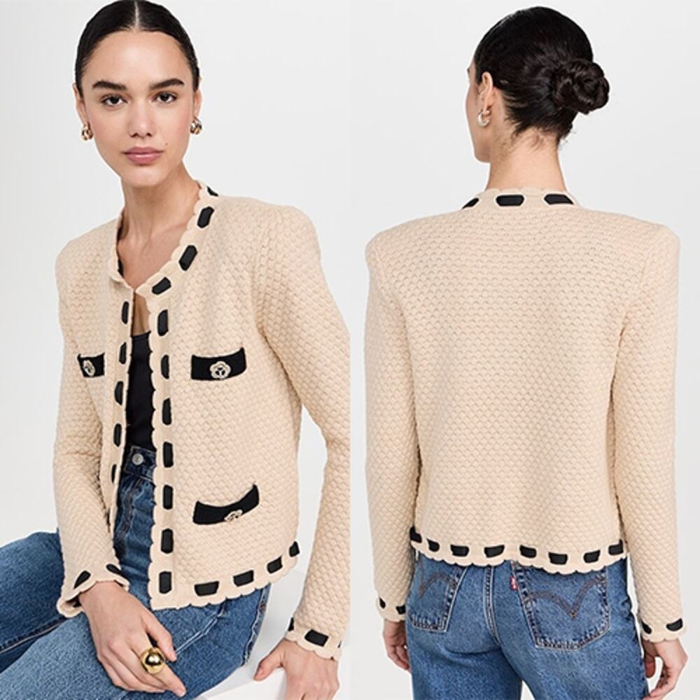 NWT L'Agence Strong Shoulder Decorative Knit Pockets Open Cardigan Cream XS